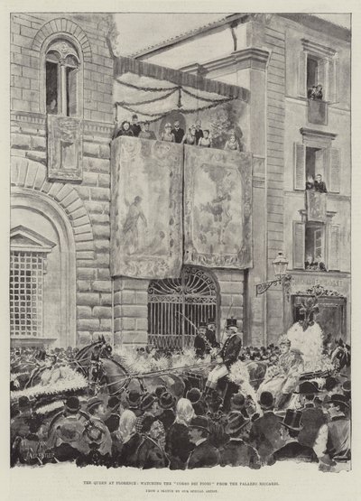 The Queen at Florence, Watching the Corso dei Fiori from the Palazzo Riccardi by Amedee Forestier